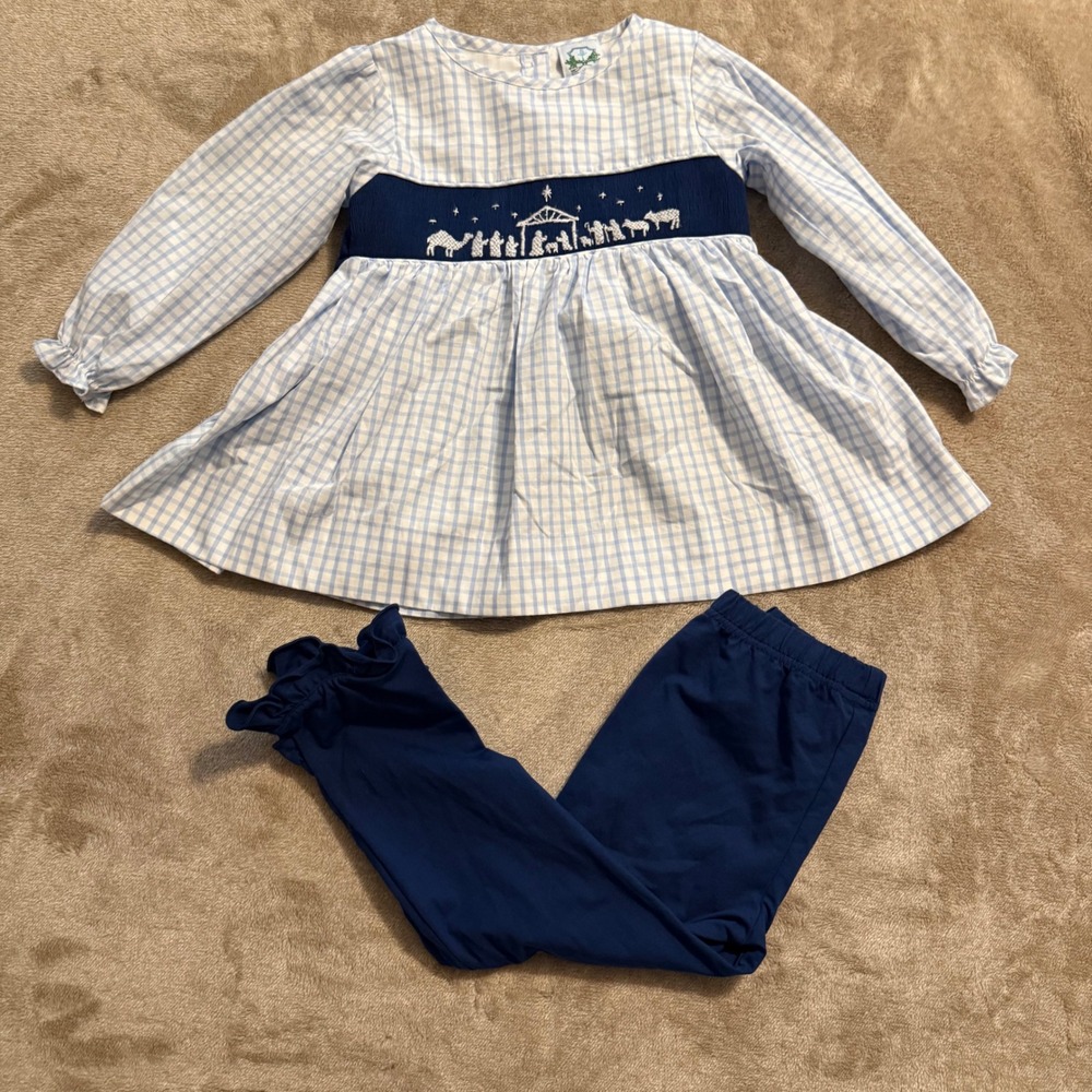 Southern Taters Girls 4T Smocked Nativity Gingham Tunic and Ruffle Legging Set